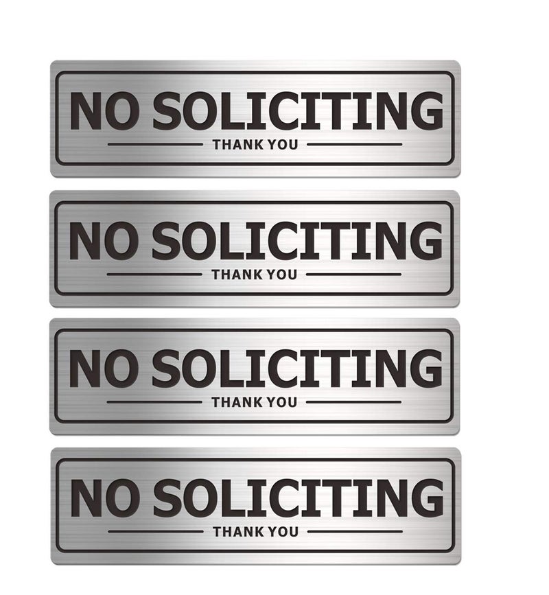 MongFun No Soliciting Sign for House, Metal Self-Adhesive Signs for Door Wall, Aluminum Soliciting Signboard for Business Office Home (4 Pack, 7Ã—2 inches) - Image 1